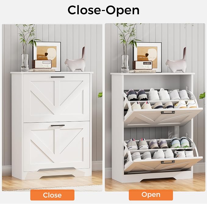 Homleke Farmhouse Shoe Cabinet for Entryway with 2 Barn-Style Flip Drawers, Narrow Shoe Storage Organizer with Top Display Shelf, Adjustable Shelves, Shoe Rack for Hallway, Closet- (White, 24" Wide)