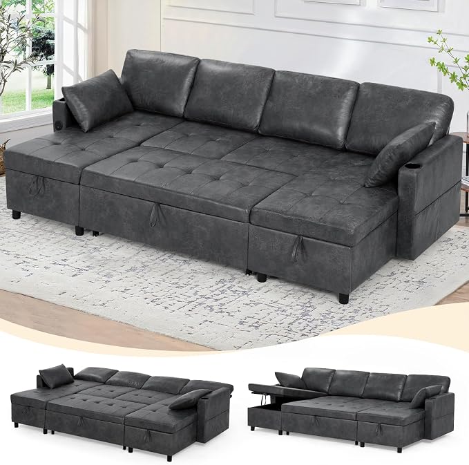 110 inches Suede Leather Sleeper Sofa w/Pull Out Bed, U-Shape Sectional Sofa Bed w/Adjustable Backrest and Storage Chaises, 4-Seats Upholstered Sofa Bed w/USB Port for Living Room, Grey