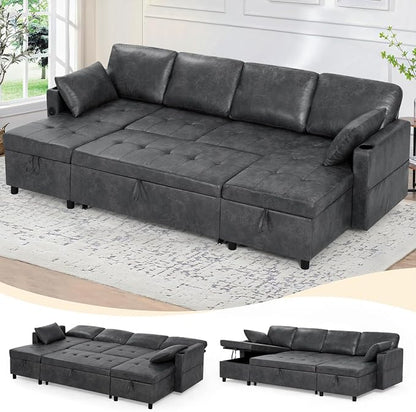 110 inches Suede Leather Sleeper Sofa w/Pull Out Bed, U-Shape Sectional Sofa Bed w/Adjustable Backrest and Storage Chaises, 4-Seats Upholstered Sofa Bed w/USB Port for Living Room, Grey