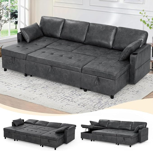 110 inches Suede Leather Sleeper Sofa w/Pull Out Bed, U-Shape Sectional Sofa Bed w/Adjustable Backrest and Storage Chaises, 4-Seats Upholstered Sofa Bed w/USB Port for Living Room, Grey