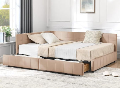 KEIKI Full Size L Shape Corner Bed Frames with 2 Storage Drawer, Backrest and Armrests, Velvet Upholstered Sofa Daybed Full Corner Bed for Small Room, Living Room, Bedroom, Guest Room, Kids' Room