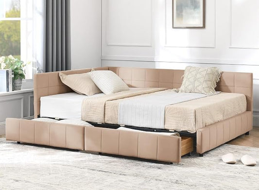 KEIKI Full Size L Shape Corner Bed Frames with 2 Storage Drawer, Backrest and Armrests, Velvet Upholstered Sofa Daybed Full Corner Bed for Small Room, Living Room, Bedroom, Guest Room, Kids' Room
