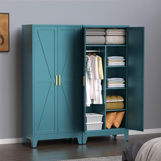 Steel Armoire Wardrobe Closet, 71" Metal Clothing Storage Cabinets with 2 Doors & 3 Adjustable Shelves, Blue Wardrobe Cabinet with Hanging Rod for Bedroom, Gym