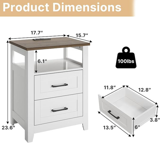 Decofy Farmhouse Nightstand with Charging Station, Modern End Tables with 2 Drawers & Open Shelf, Outlets, USB Ports & Type-C Ports, Wood Rustic Nightstands for Bedroom (2 Pack, Pure White + Walnut)