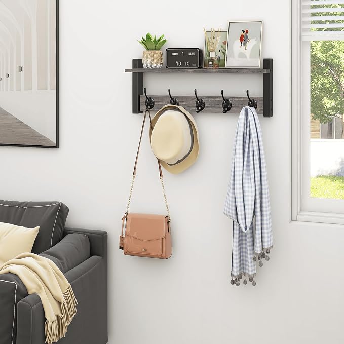 Homode Wall Hooks with Shelf, Coat Rack Wall Mount, Entryway Shelf with Hooks for Clothes, Backpack, Key, Purse - Rustic Grey