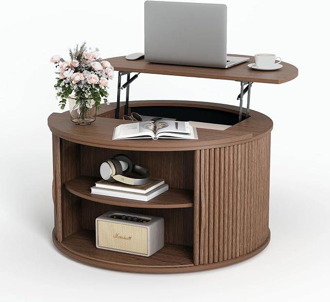 JOINICE 31.5" Round Lift Top Coffee Table, Mid Century Modern Walnut Center Table with Hidden Storage, Fluted Drum Wood Design for Small Living Room & Apartment