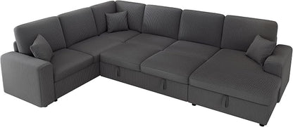VanAcc 130" Sofa Bed, Sectional Sleeper Sofa with Pull Out Bed, Sleeper Couch for Living Room, 6 Seater Couch with Storage, Corduroy Grey