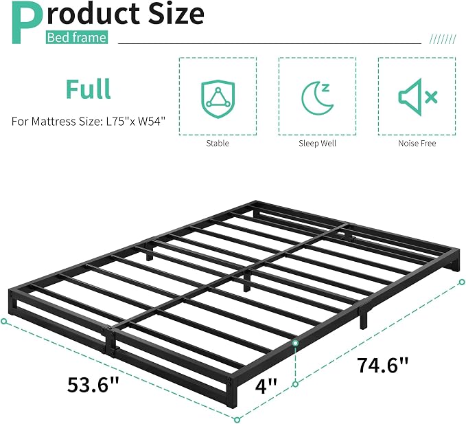Lutown-Teen 4 Inch Full Size Bed Frame No Box Spring Needed, Heavy Duty Metal Platform Beds with Sturdy Steal Slats for Mattress Foundation, Easy Assembly, Noise Free, Black