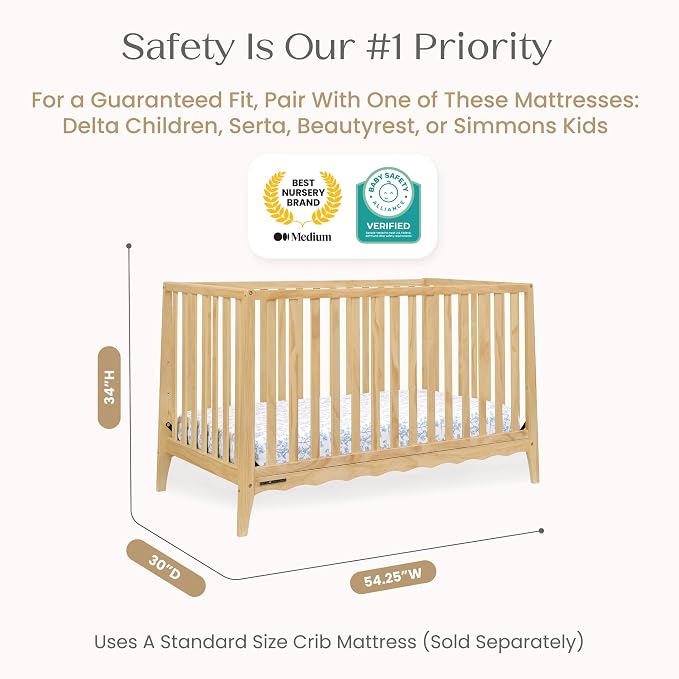 Delta Children Lulu 5-in-1 Convertible Crib, Converts to Toddler Bed, Daybed, Sofa & Full-Size Bed, Greenguard Gold Certified, Fits Standard Crib Mattress, 3 Mattress Heights for Baby, Natural