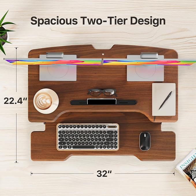 Standing Desk Converter 32 inch, Height Adjustable Sit Stand Desk Riser, Quick Sit to Stand Tabletop Dual Monitor Riser Workstation for Home Office with Keyboard Tray, Dark Wood
