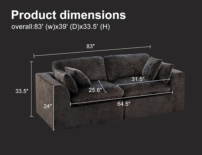 83" Modular Sectional Sofa – Modern Cloud Couch with Deep Chenille Seats, Loveseat Boneless Sofa, Pet-Friendly, No Assembly, Gray (2 Seate)