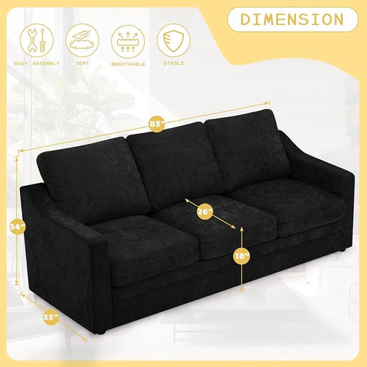 83” Chenille 3 Seats Sofa w/Comfortable Back Cushions, Black | Modern Couch w/Deep Seat Space, Upholstered 5 Seater Sofa w/High Resiliency Foam for Living Room