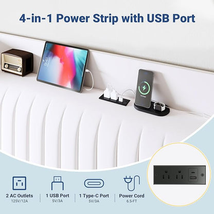 Allewie Full Size Platform Bed Frame with USB Charging Station and Storage Shelf/Upholstered Velvet Wingback Headboard/Wooden Slats Support/No Box Spring Needed/Easy Assembly, White