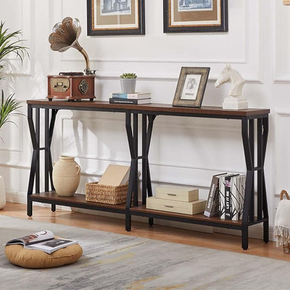 HOMISSUE Sofa Console Table, 63" Extra Long Sofa Table with 2-Tier Storage, Industrial Narrow Console Tables Behind Couch, Hallway Table for Entryway, Living Room, Rustic Brown