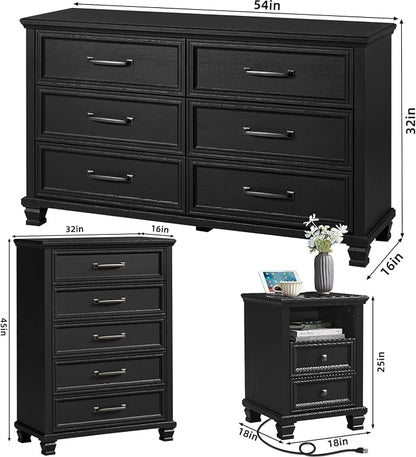 SAVOR LIFE Farmhouse Bedroom Dresser and Nightstand Sets 4 Piece, 5/6 Drawer Dresser & 2 Drawer Nightstand Set for Home, Bedroom, Hallway, Black