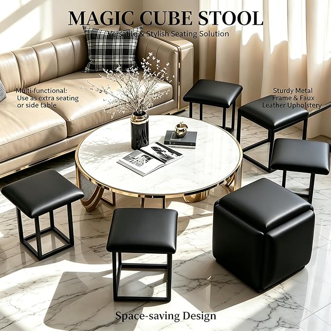 5 in 1 Nesting Ottoman Cube Chair, Stackable Stools, Leather Square Ottoman Bench, Foot Stool with Wheels for Living Room,Dining Room 15.75x15.75x16.54 inches