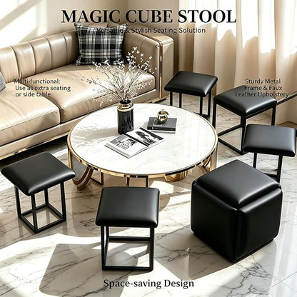 5 in 1 Nesting Ottoman Cube Chair, Stackable Stools, Leather Square Ottoman Bench, Foot Stool with Wheels for Living Room,Dining Room 15.75x15.75x16.54 inches