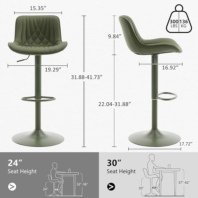 YOUTASTE Bar Stools Set of 2, Adjustable Swivel Counter Height Barstools with Back, All Olive Green Faux Leather Upholstered Bar Chairs with Metal Base, Stools for Kitchen Island or Home Bar
