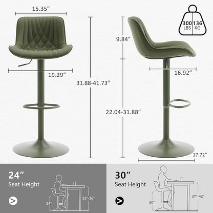 YOUTASTE Bar Stools Set of 2, Adjustable Swivel Counter Height Barstools with Back, All Olive Green Faux Leather Upholstered Bar Chairs with Metal Base, Stools for Kitchen Island or Home Bar