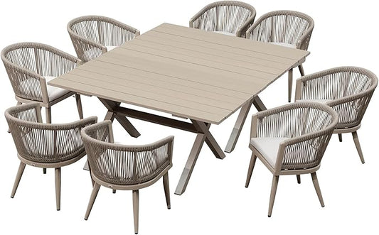 PURPLE LEAF Outdoor Dining Set for 8 All-Weather 10 Pieces Patio Aluminium Dining Oversized Table and Rope Weave Chairs Included Cushions for Backyard Indoor Kitchen Patio Furniture Set Champagne