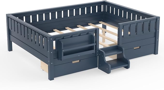 Bellemave Queen Bed with Storage Drawers & Bookshelf, Low Profile Kids Bed Frame with Staircase & Full Length Guardrails, Solid Wood Queen Bed for Kids with Slats Load 550LBS, Easy Assembly, Blue