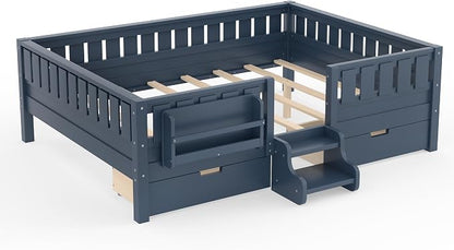 Bellemave Queen Bed with Storage Drawers & Bookshelf, Low Profile Kids Bed Frame with Staircase & Full Length Guardrails, Solid Wood Queen Bed for Kids with Slats Load 550LBS, Easy Assembly, Blue