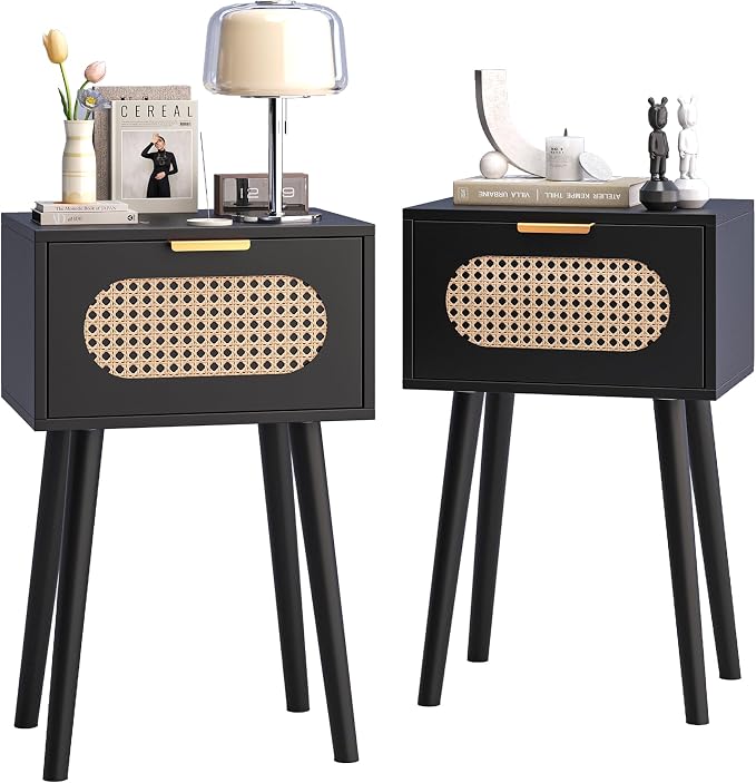 Nightstands Set of 2, Bedside Table with Rattan Door, Boho End Table with Solid Wood Legs for Bedroom, Living Room, Small Space Nightstands, Black Color, HNS001B