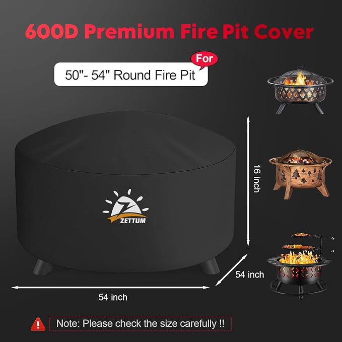 Zettum Fire Pit Cover Round 54 Inch - Outdoor Firepit Cover Heavy Duty & Waterproof, 600D Patio Fire Table Cover Large Gas Fire Pit Accessories Fade & Weather Resistant - 54 x 54 x 24 Inch