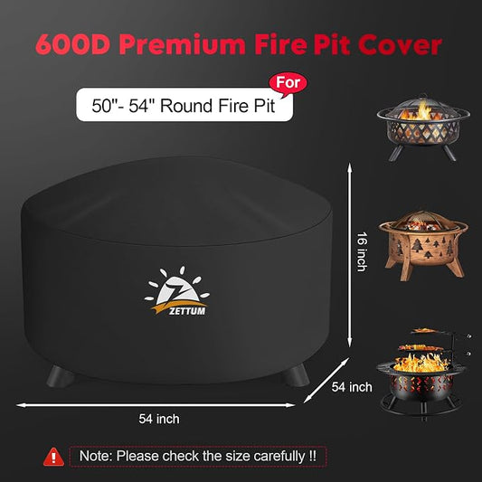 Zettum Fire Pit Cover Round 54 Inch - Outdoor Firepit Cover Heavy Duty & Waterproof, 600D Patio Fire Table Cover Large Gas Fire Pit Accessories Fade & Weather Resistant - 54 x 54 x 24 Inch