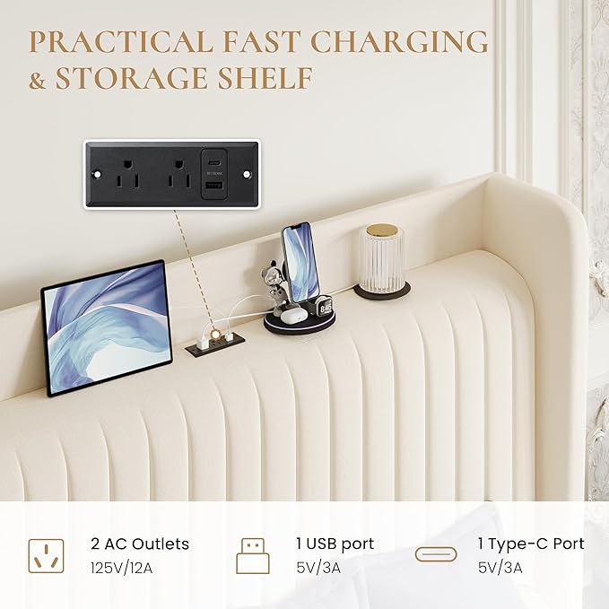 SHA CERLIN Queen Size Velvet Bed Frame with USB Charging Station, Wingback Storage Headboard, Upholstered Platform Bed with Wooden Slats Support, No Box Spring Needed, Easy Assembly, Cream White