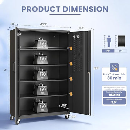 Metal Garage Storage Cabinet with Locking Doors and Adjustable Shelves, Wide & Deep Garage Cabinet on Wheels, 71" Rolling Tool Cabinet for Garage, Basement, Home Office