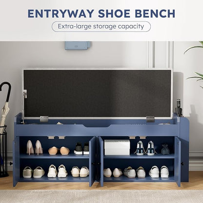 47.2" Storage Bench - Entryway Shoe Bench with Side Storage Shelves and 4 Doors, Multifunctional Entryway Bench with Lift Top Cushion, Shoe Storage Bench for Bedroom, Living Room, Navy Blue