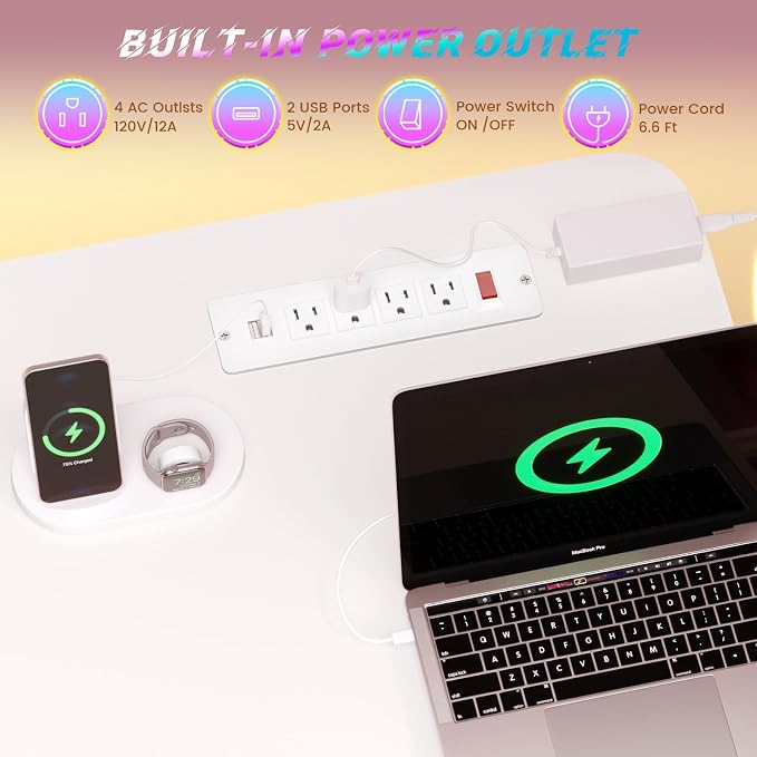 SEDETA Small Standing Gaming Desk, 31.5" Rolling Computer PC Desk Electric Height Adjustable with Power Outlet, Pegboard & Storage Shelves, RGB LED Light, for Small Spaces/Bedroom/Gaming, White