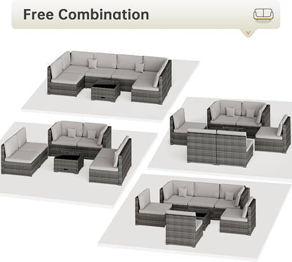 LHBcraft 7 Piece Patio Outdoor Furniture Set, Outdoor Sectional, All-Weather Hand-Woven Wicker Patio Sectional Sofa, Rattan Outside Furniture with Grey Cushion and Glass Coffee Table