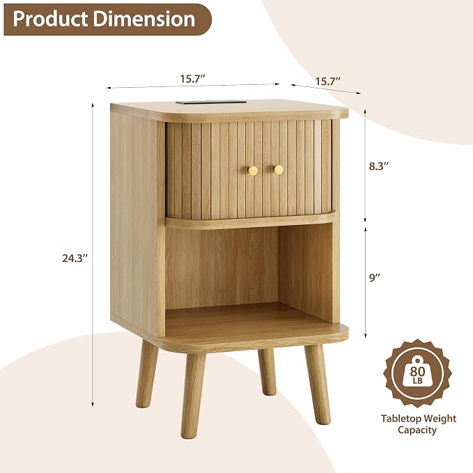 Decofy Fluted Nightstand Set of 2, Mid Century Modern Bedside Table with Charging Station, Walnut End Tables with Sliding Tambour Doors, Storage Cabinet and Open Shelf for Bedroom, Oak