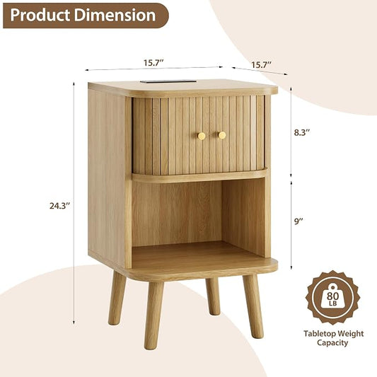 Decofy Fluted Nightstand Set of 2, Mid Century Modern Bedside Table with Charging Station, Walnut End Tables with Sliding Tambour Doors, Storage Cabinet and Open Shelf for Bedroom, Oak