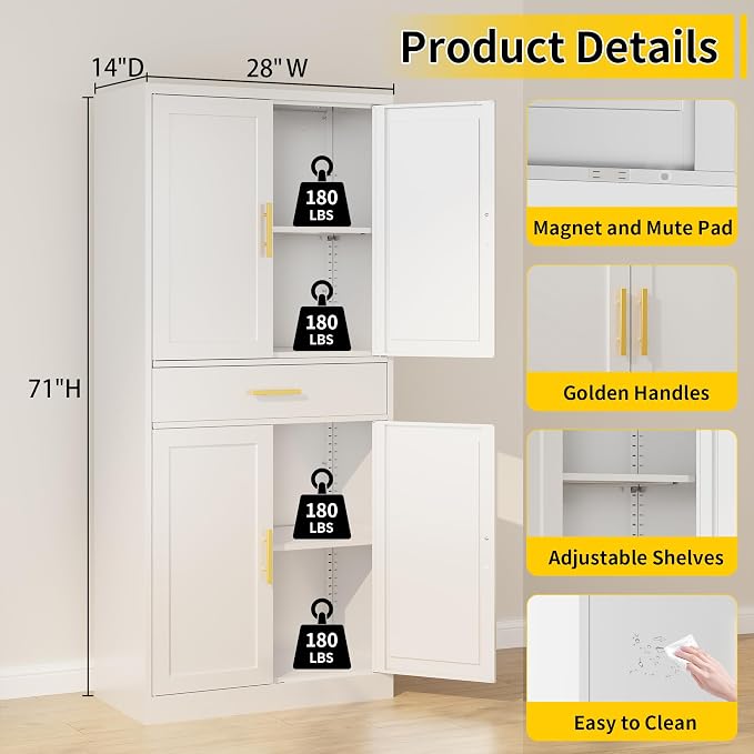 Metal Kitchen Pantry Cabinet, 71"Tall Cabinet with 1 Drawer, Doors and 2 Adjustable Shelves, Pantry Cabinets for Kitchen Storage, Metal Storage Cabinet for Kitchen, Dining Room, Living Room- White