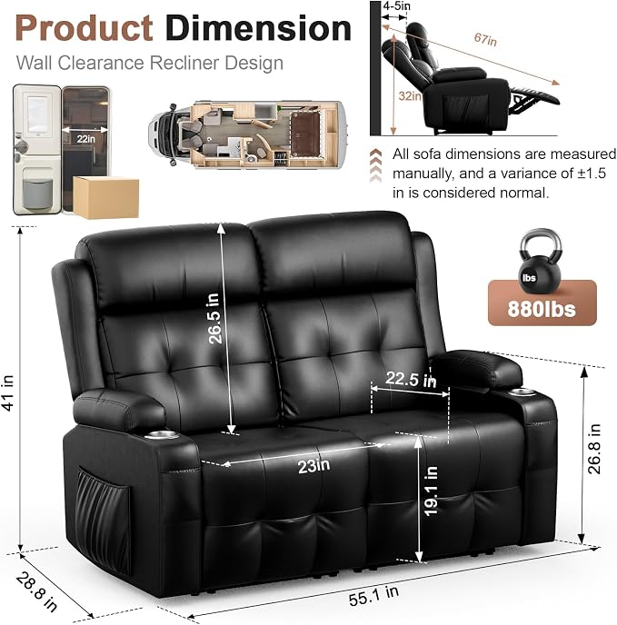 Reclining Loveseat, 55.1" RV PU Leather Wall Hugger Recliner Love Seats Sofa with Charging Station, Removable Armrest, Cup Holder, Double Recliners Couch, Manual Love Seat for Living Room