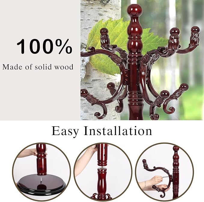 Wooden Coat Rack Freestanding, Hall Tree Hanger With Resin Hooks, Adjustable Heavy Duty Coat Rack for Hanging Clothes Bags Hats in Living Room Bedroom (coat rack, Round Base-Rosewood Color)