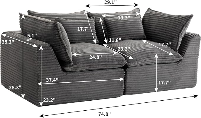 Boneless Couch Sectional Sofas Cloud Couches for Living Room | 74.8'' Modern Modular Cloud Sofa with Pillows for Bedroom