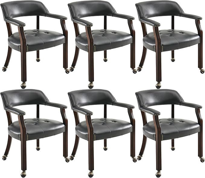 LEEMTORIG Set of 6 Dining Chairs with Casters and Arms, Large Rolling Dining Chairs with Wheels, Accent Game Table Chairs, Solid Wood Boss Caption's Chairs, Espresso Legs & Black, SY-318-BK
