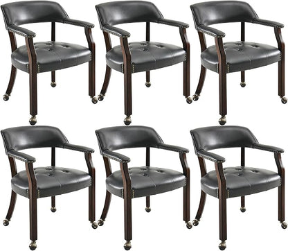 LEEMTORIG Set of 6 Dining Chairs with Casters and Arms, Large Rolling Dining Chairs with Wheels, Accent Game Table Chairs, Solid Wood Boss Caption's Chairs, Espresso Legs & Black, SY-318-BK