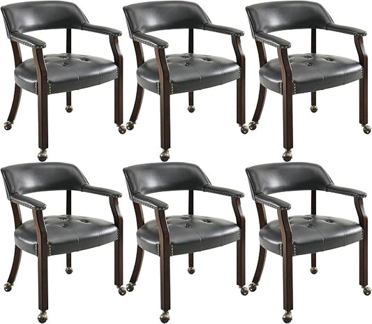 LEEMTORIG Set of 6 Dining Chairs with Casters and Arms, Large Rolling Dining Chairs with Wheels, Accent Game Table Chairs, Solid Wood Boss Caption's Chairs, Espresso Legs & Black, SY-318-BK