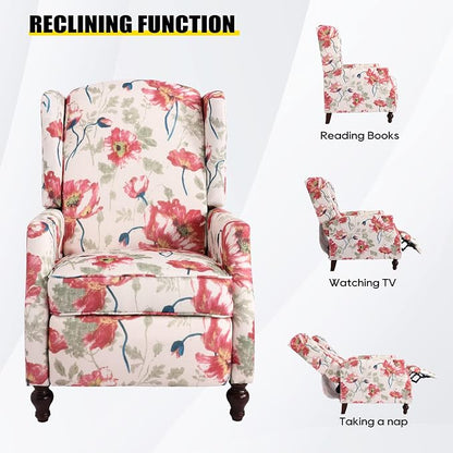 Upholstered Wingback Recliner Chair, Traditional Push Back Recliner Chair with Padded Seat, Fabric Floral Chair Wingback Recliner with Wooden Legs, Small Recliners for Small Spaces