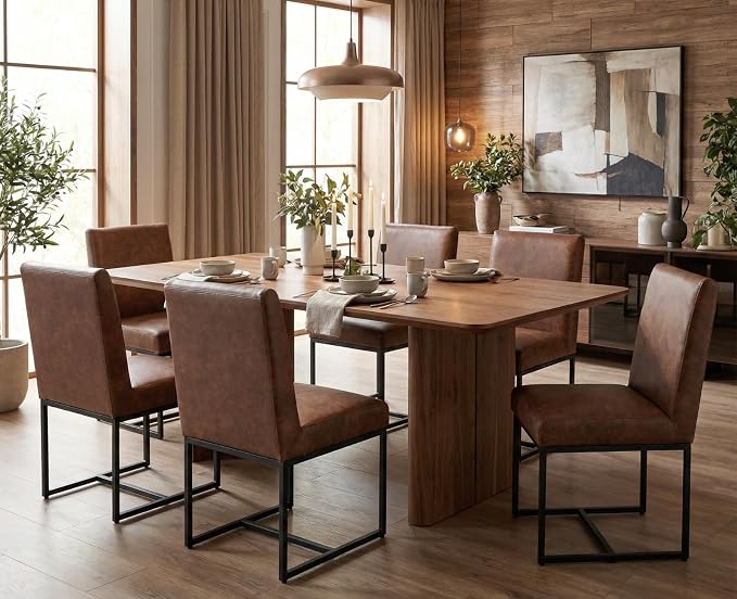 CIMOTA Modern Dining Chairs Set of 8, Leather Dining Room Chairs Upholstered Mid Century Armless Guest Side Chair with Black Base for Dining Room/Kitchen, Vintage Brown 8PCS