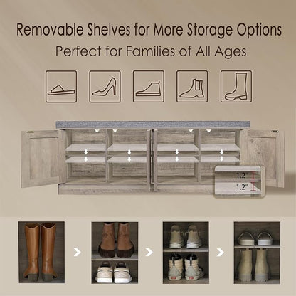 DINZI LVJ Shoe Bench, Entryway Storage Bench with Doors, Cushion, 2-Tier Shoe Rack with 8-Cubby, 47.2”L x 13.8”W Shoe Organizer Cabinet, Adjustable Shelf, Living Room, Bedroom, Gray Wash