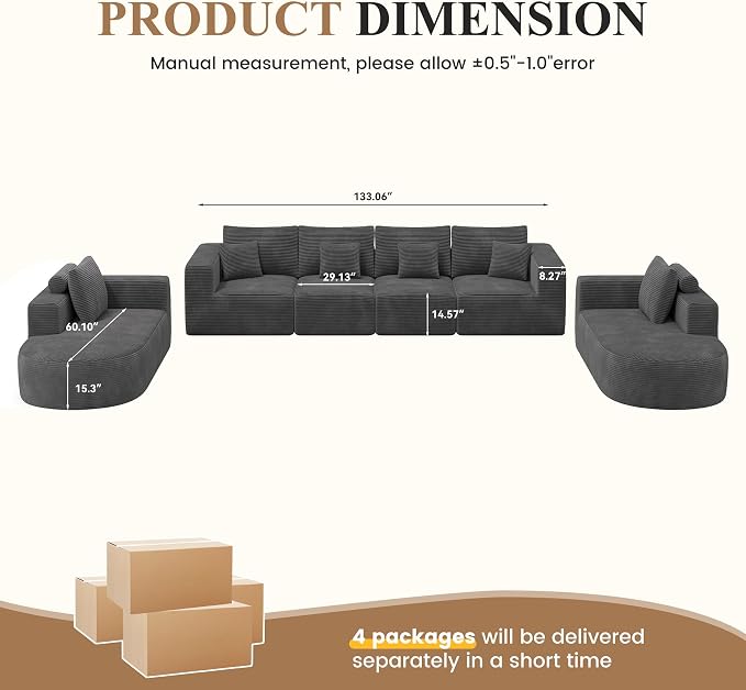 Living Room Furniture Sets,Modern U Shaped Modular Sectional Sofa,Convertible Cloud Couches for Living Room,Comfy 4 Seater with 2 Chaise Furniture Set, Boneless Couch Sofa,1 PCS