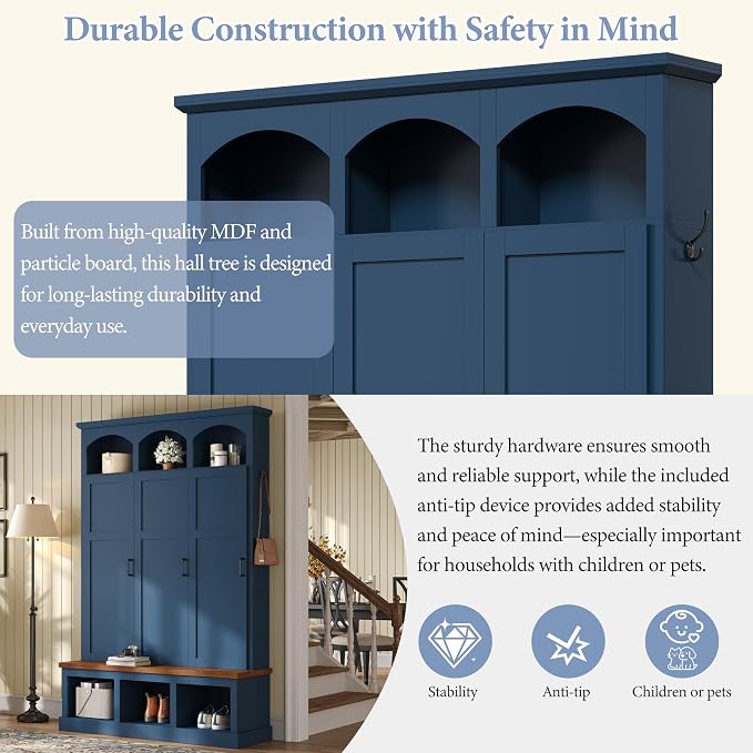 Merax Classic Arched Hall Tree with 3 Hidden Storage, Farmhouse Mudroom Bench with 5 Hooks, Mid-Century Entryway Organizer for Shoes, Blue
