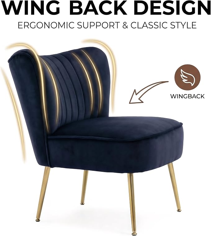 DUOMAY Modern Accent Chair Set of 2 Velvet Slipper Chair with Gold Legs Wingback Side Chair for Living Room Bedroom Entryway Small Corner Chair for Space Saving, Black