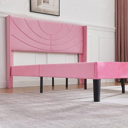 VECELO Queen Size Bed Frame Upholstered Platform with Fabric Headboard/Wooden Slats Support/No Box Spring Needed/Mattress Foundation,Pink